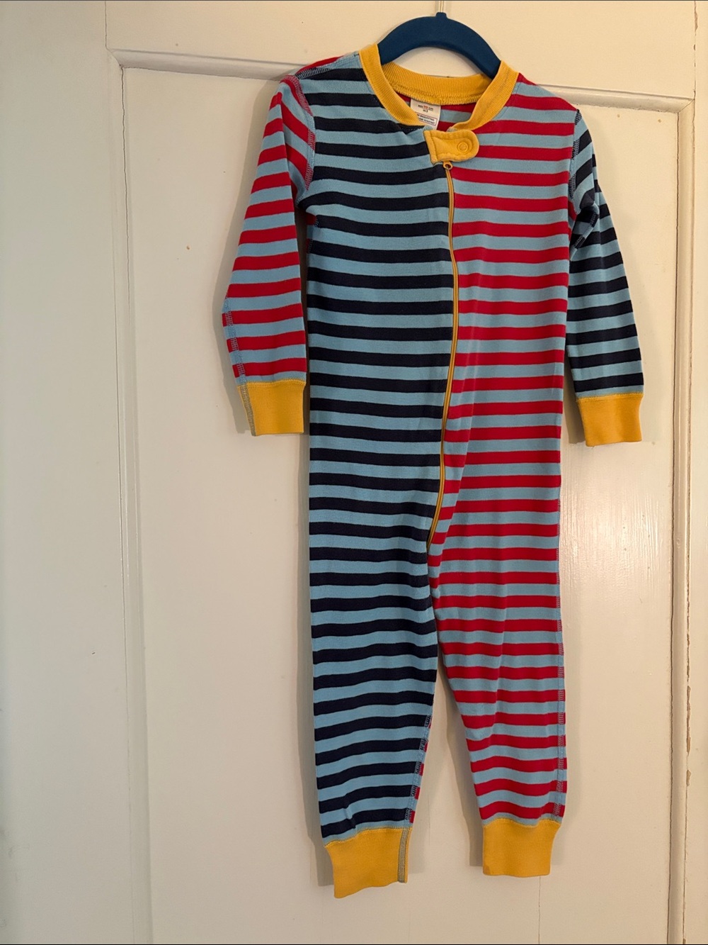 Hanna Andersson Striped Two-Tone Footie — Blue, Red & Yellow Trim